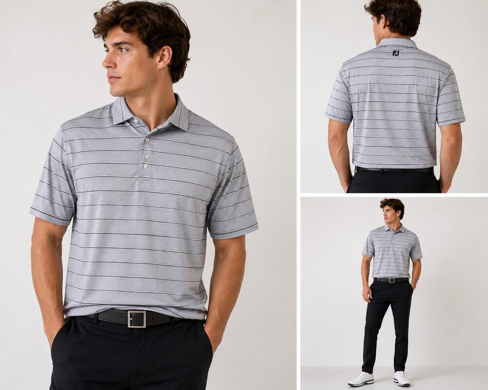 FootJoy Gray Striped Performance Golf Polo Shirt Men's Large Athletic Stretch